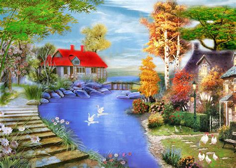 Big canvas paintings for home decor scenery, skylines, abstracts & more. Mountain village Houses near the river Chicken and duck ...