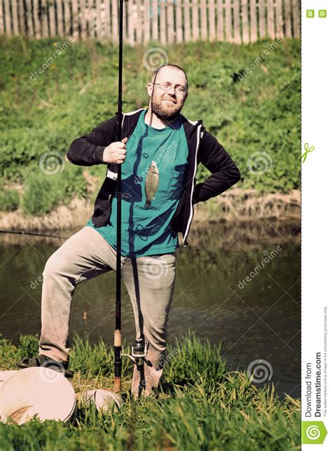 Success Fishing Man With Fishing Rod Funny Fun Stock Photo Image