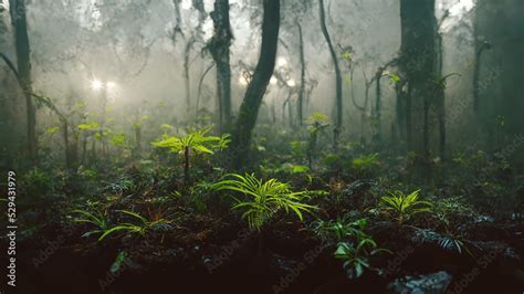 Ground Of Foggy Forest Jungle As Nature Background Wallpaper Stock