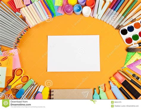 School Supplies Frame On Orange Background Stock Image Image Of Clip