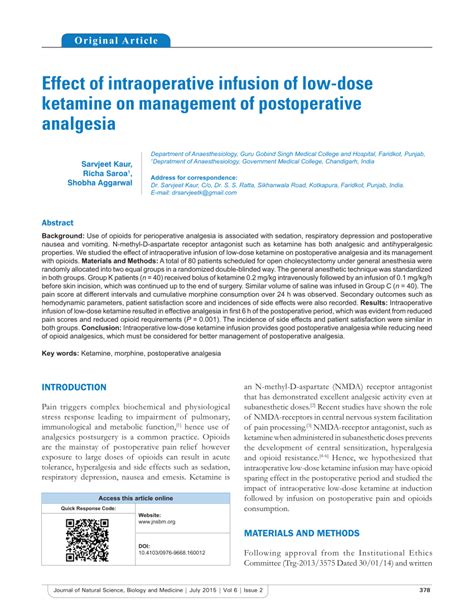 Pdf Effect Of Intraoperative Infusion Of Low Dose Ketamine On