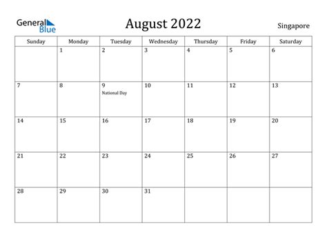 August 2022 Calendar With Singapore Holidays