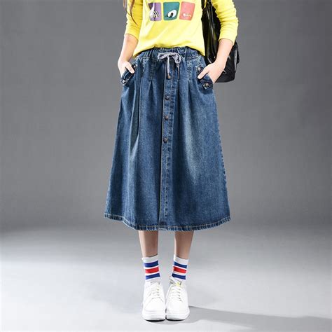 Summer Denim Midi Elastic Waist A Line Plus Size Casual Skirt Large Size Female Leisure Pockets