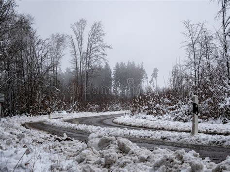 Image Of Foggy And Snowy Winter Road Stock Photo Image Of Mist Black