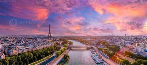 Beautiful Aerial Pink Sunset Over Paris France Magical Aerial View Of