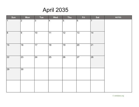April 2035 Calendar With Notes