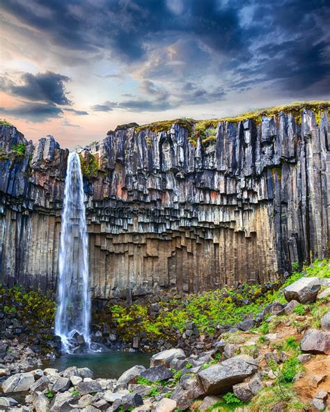 Amazing View Of Svartifoss Waterfall With Basalt Columns On South