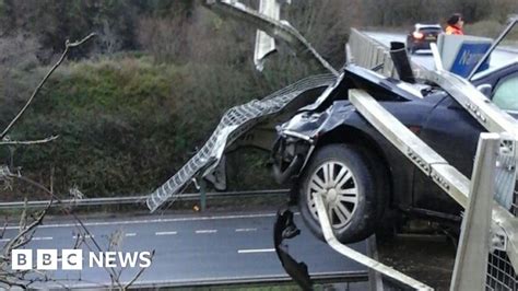 A38 Newton Abbot Crash Car Left Teetering Over Bridge Bbc News