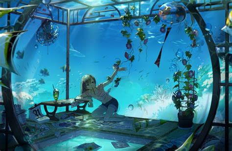 Ocean Sunset Underwater Anime Original Plant Fish Coral Shark Ocean