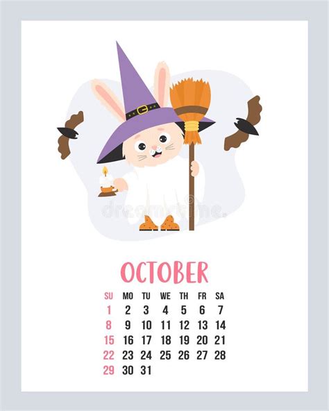 October 2023 Calendar Cute Bunny Halloween Ghost In Witch Hat With