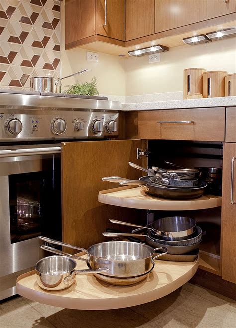 A lazy susan is type of rotary platform that fits within a kitchen cabinet, usually in corners. 30 Corner Drawers and Storage Solutions for the Modern Kitchen