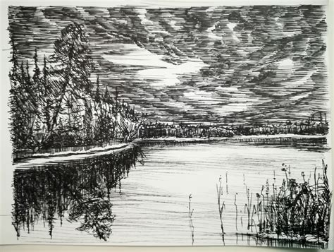 Lake Lineart With Ink Drawing