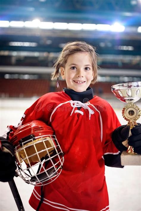 Portrait Of Girl Player Ice Hockey Winner Trophy Portrait Of Youth