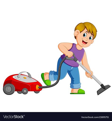 Young Man Cleaning With Vacuum Cleaner Royalty Free Vector