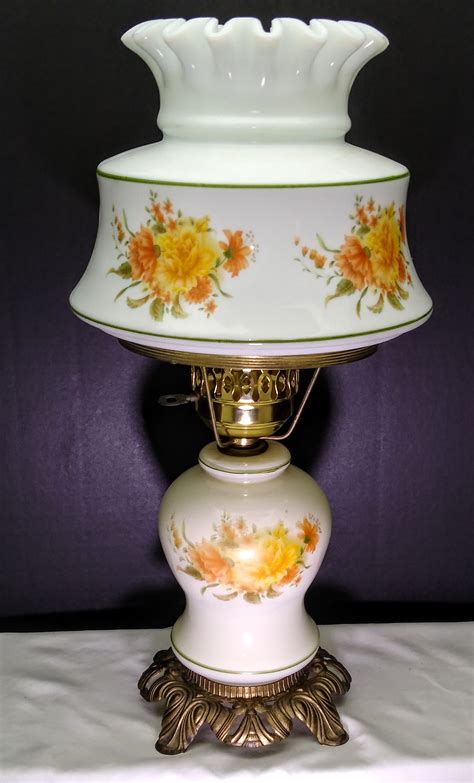 VINTAGE LARGE 3 WAY ELECTRIC FLORAL MILK GLASS HURRICANE LAMP | Glass
