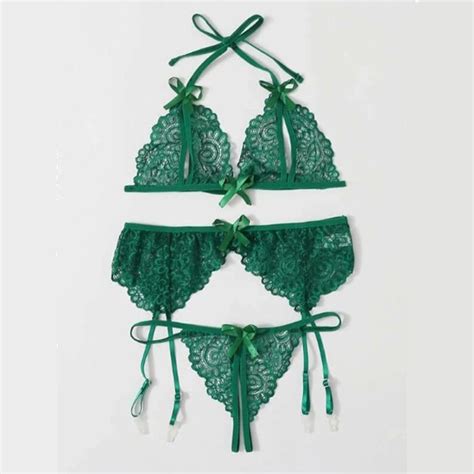 3pcs sexy green sheer floral lace halter bowknot bikini lingerie bra thong set with garter n20713
