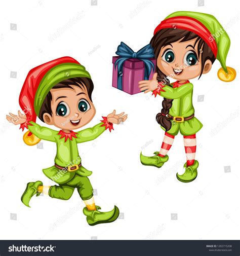 Couple Cute Playful Christmas Elves Collection Stock Vector Royalty