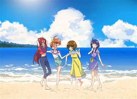 Safebooru 4girls O O Absurdres Ahoge Aqua Shorts Arm Grab Arms Behind Back Barefoot