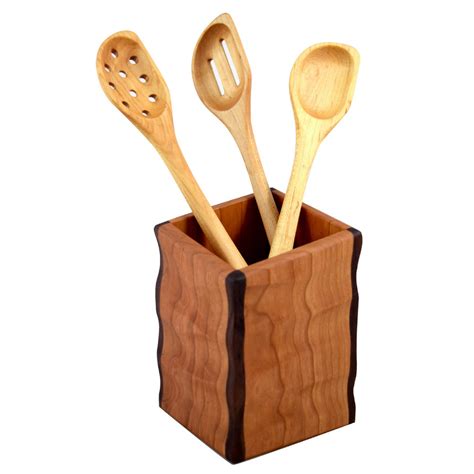 Sculpted Cherry And Walnut Wood Utensil Holder