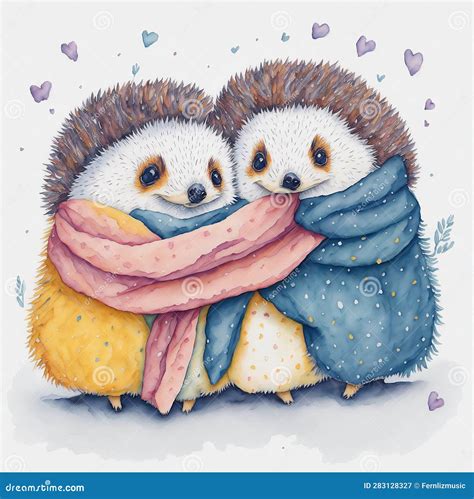 Two Adorable Loving Hedgehogs In Watercolor Watercolours Stock