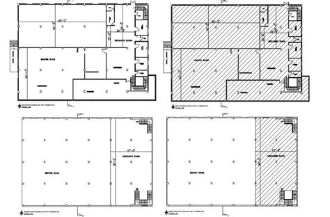 Four Floor Plan Distribution Details Of Industrial Warehouse Dwg File