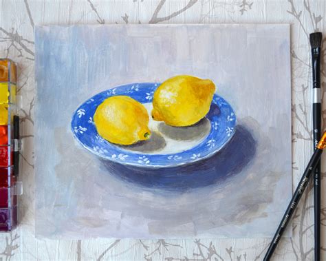 Still Life Painting With Lemons Original Gouache Painting Etsy