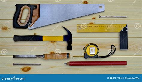 Hammer Saw Tape Measure Try Square Pencil And Chisel Collection Of