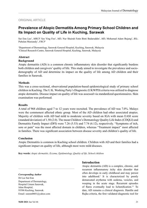 Pdf Prevalence Of Atopic Dermatitis Among Primary School Children And