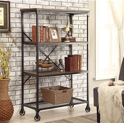 Rolling Bookcase With Fixed Shelves Featuring A Rustic Industrial