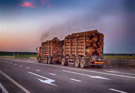 A Loaded Timber Truck Transports Timber Logs With An Overload On The