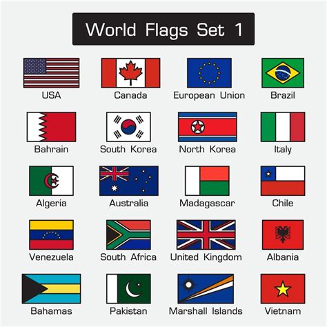 World Flags Set 1 Simple Style And Flat Design Thick Outline
