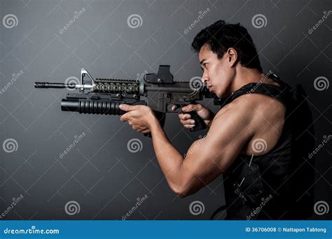 Soldier Man Hold Machine Gun Stock Photo Image Of Attack Machine