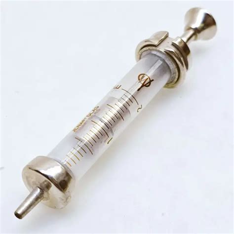 Vintage Medical Instrument Glass Metal Syringe 1960s 2ml 999