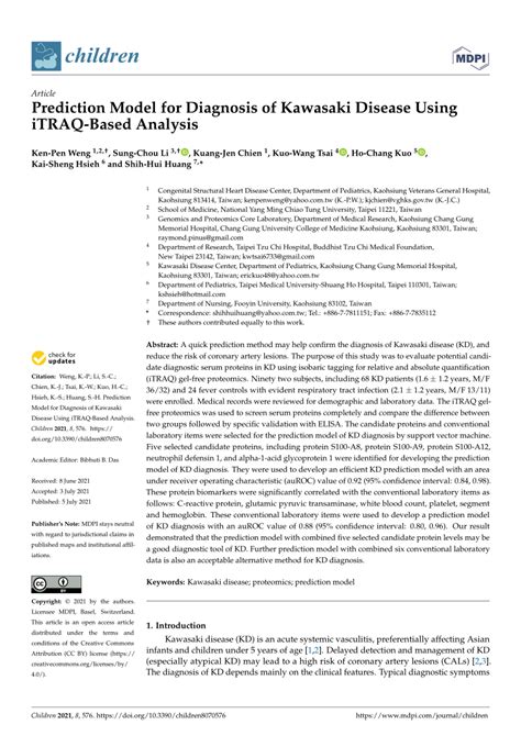 Pdf Prediction Model For Diagnosis Of Kawasaki Disease Using Itraq
