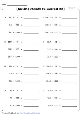 Dividing Decimals by Powers of Ten Worksheets