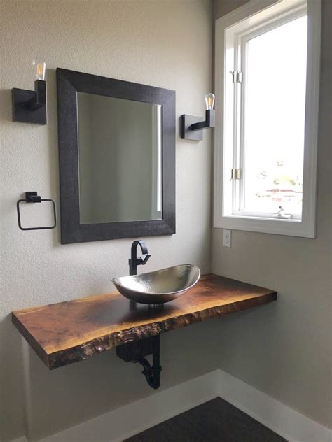 Contemporary bathroom with floating live edge wood slab vanity. Floating Live Edge Vanity | Board & Bolt