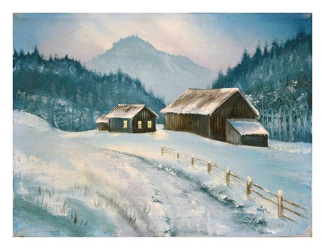 Unknown Snowy Farm Winter Cabin Landscape For Sale At 1stdibs