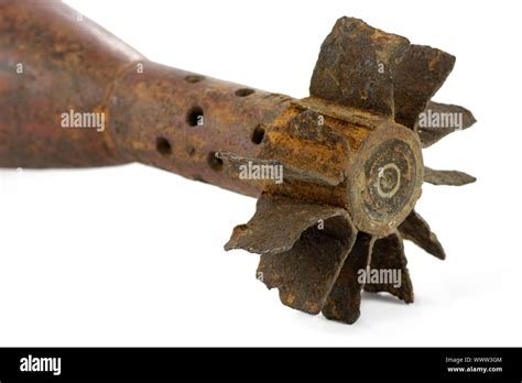 Old Rusted World War Ii Mortar Shell Isolated Selective Focus Stock