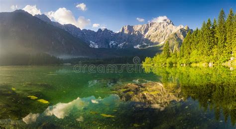 Panorama Of Mountain Lake In The Morning In The Julian Alps In I Stock