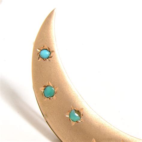 Victorian 14k Yellow Gold Turquoise Crescent Moon Brooch Ebth