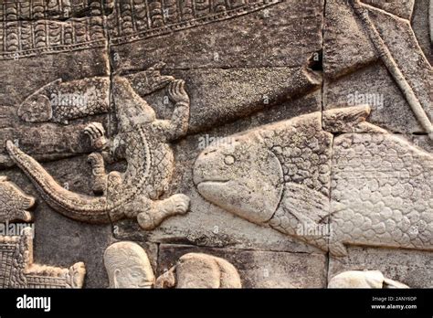 Wall Carving Bas Relief With Animals Crocodile Caught A Small Fish