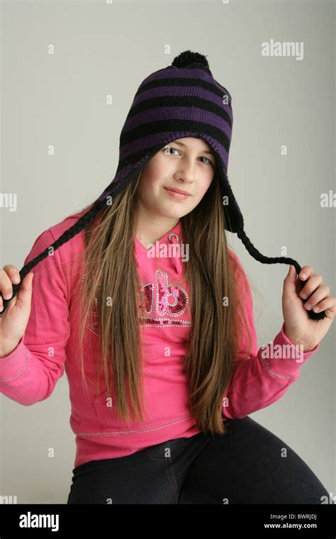 Ten Year Old Girl Wearing A Woolly Hat Stock Photo Alamy