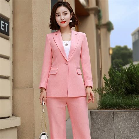 Woman 2 Piece Pink Pant Suits Formal Ladies Office Ol Uniform Designs