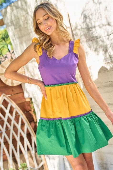 Colorblock Flutter Sleeve Mardi Gras Dress Snap Something New And Pretty