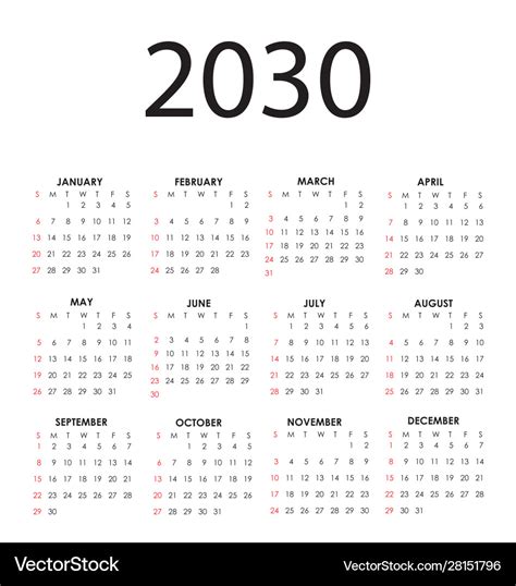 Calendar 2030 Royalty Free Vector Image Vectorstock