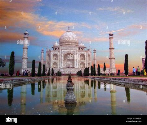 Panoramic View Of Taj Mahal During Sunset Reflected In Yamuna River In