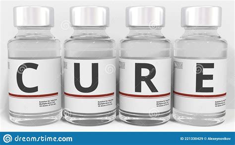 Cure Text On The Labels Of Medicine Vials Conceptual 3d Rendering