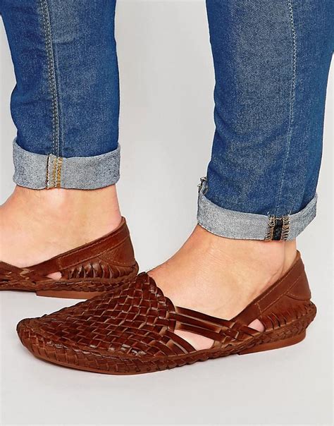 Asos Woven Sandals In Leather In Tan Brown Lyst