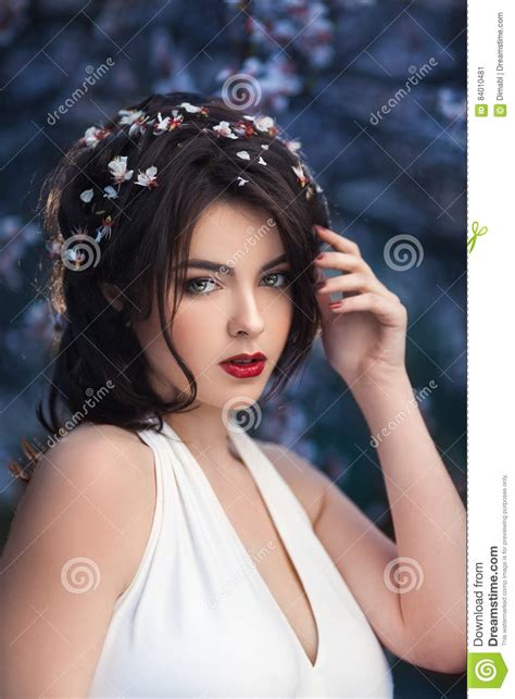 Beautiful Girl Standing At Blossoming Tree In The Garden Stock Image Image Of Dress Branch