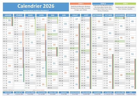 Calendrier 2026 Avec Vacances Scolaires Et Jours Fériés à Imprimer